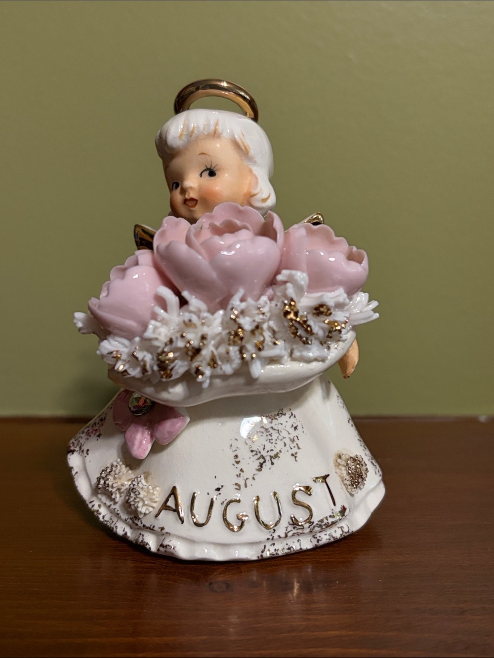 Geo Z. Lefton- Vintage August Ceramic Angel Figurine with Pink Flowers - #489